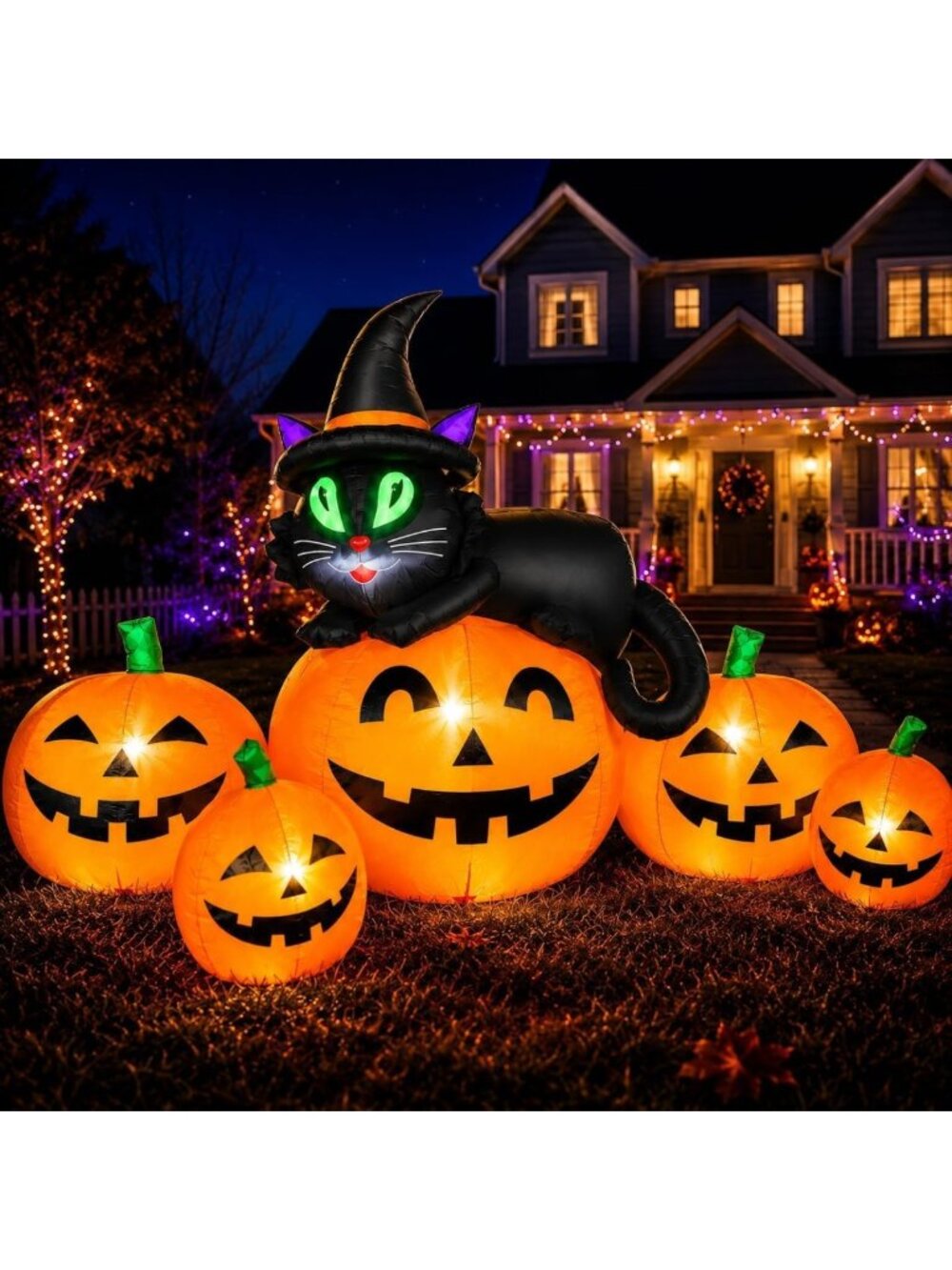 6FT LED Halloween Inflatable Pumpkins & Witch Black Cat Yard Decor - Spooky Fun!